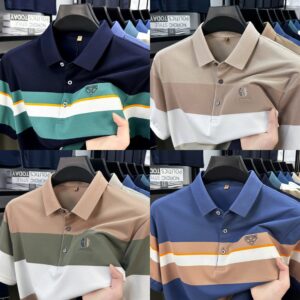 Fashion wide striped color blocked short sleeve polo T-shirt
